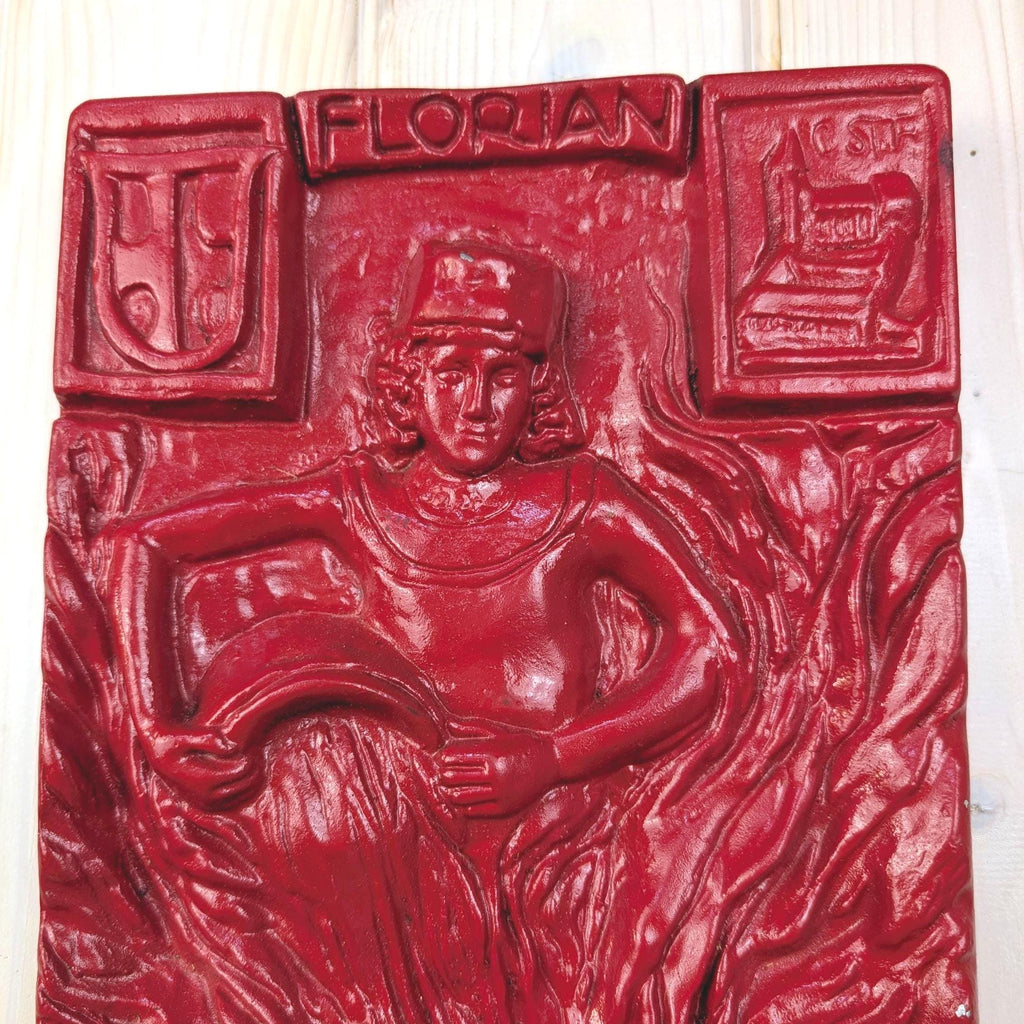 Saint Florian Wall Plaque, Ceramic Relief, Red Glazed, Patron Saint Firefighters, German Folk Art, Wasser Feuer