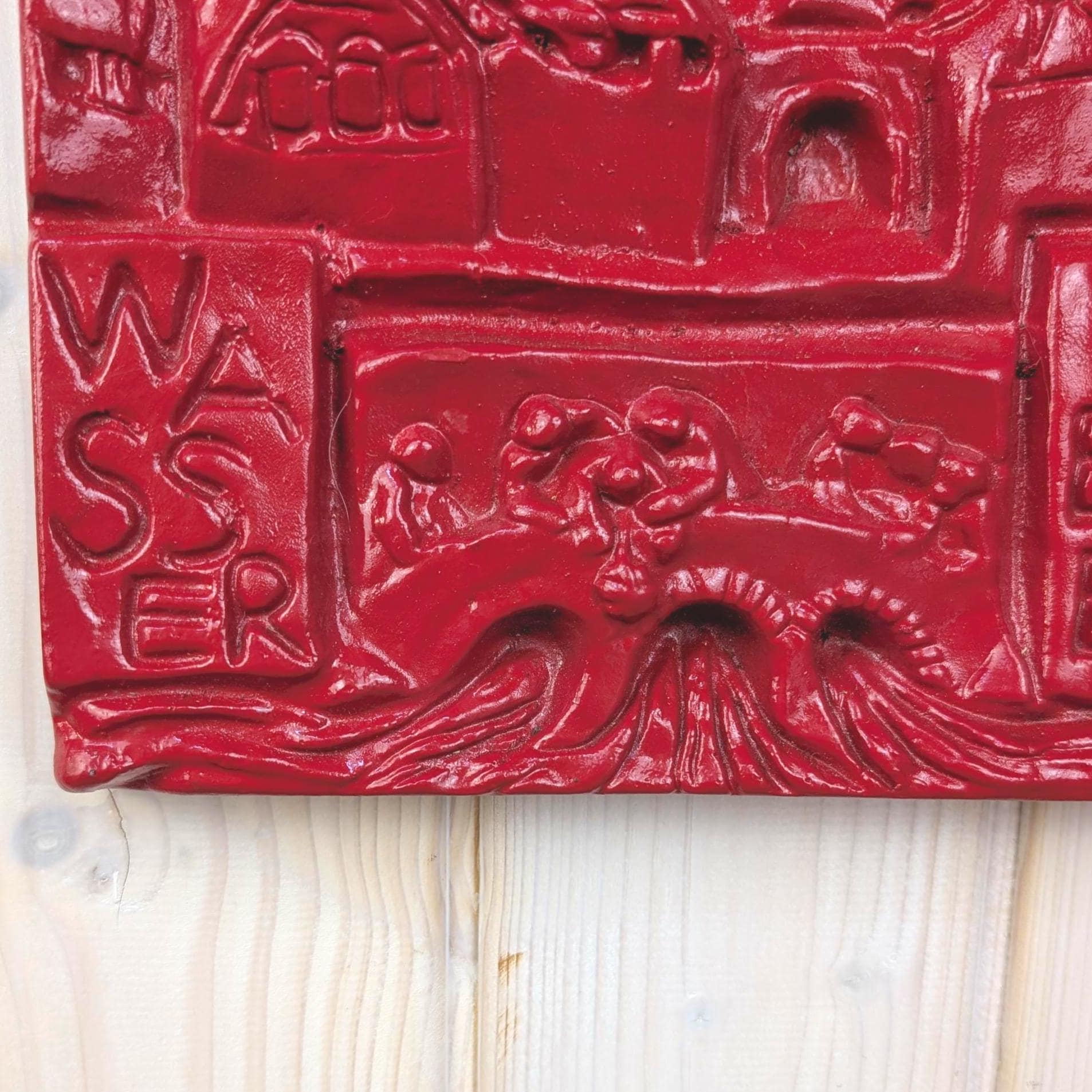 Saint Florian Wall Plaque, Ceramic Relief, Red Glazed, Patron Saint Firefighters, German Folk Art, Wasser Feuer