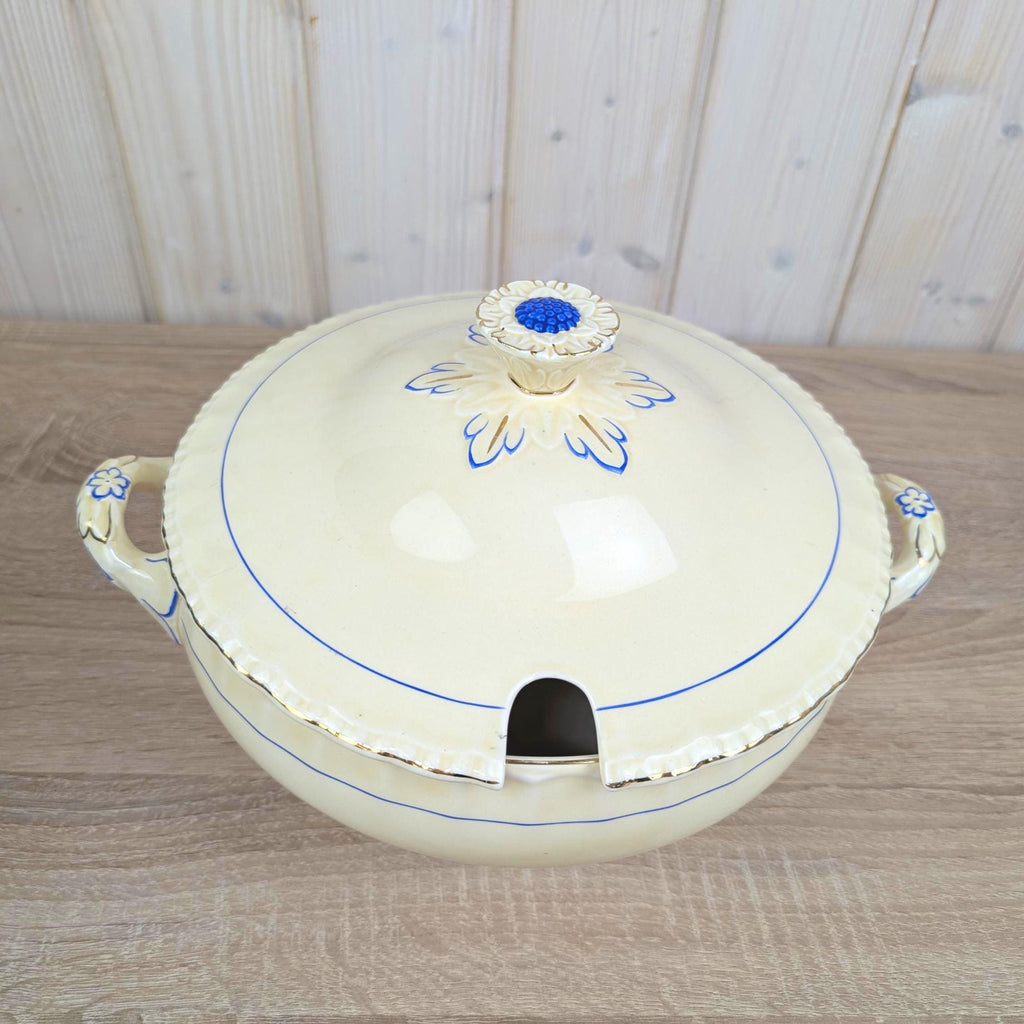 Grindley England Soup Tureen, Cream Earthenware, Blue Floral and Gold Trim, Staffordshire, circa 19361954