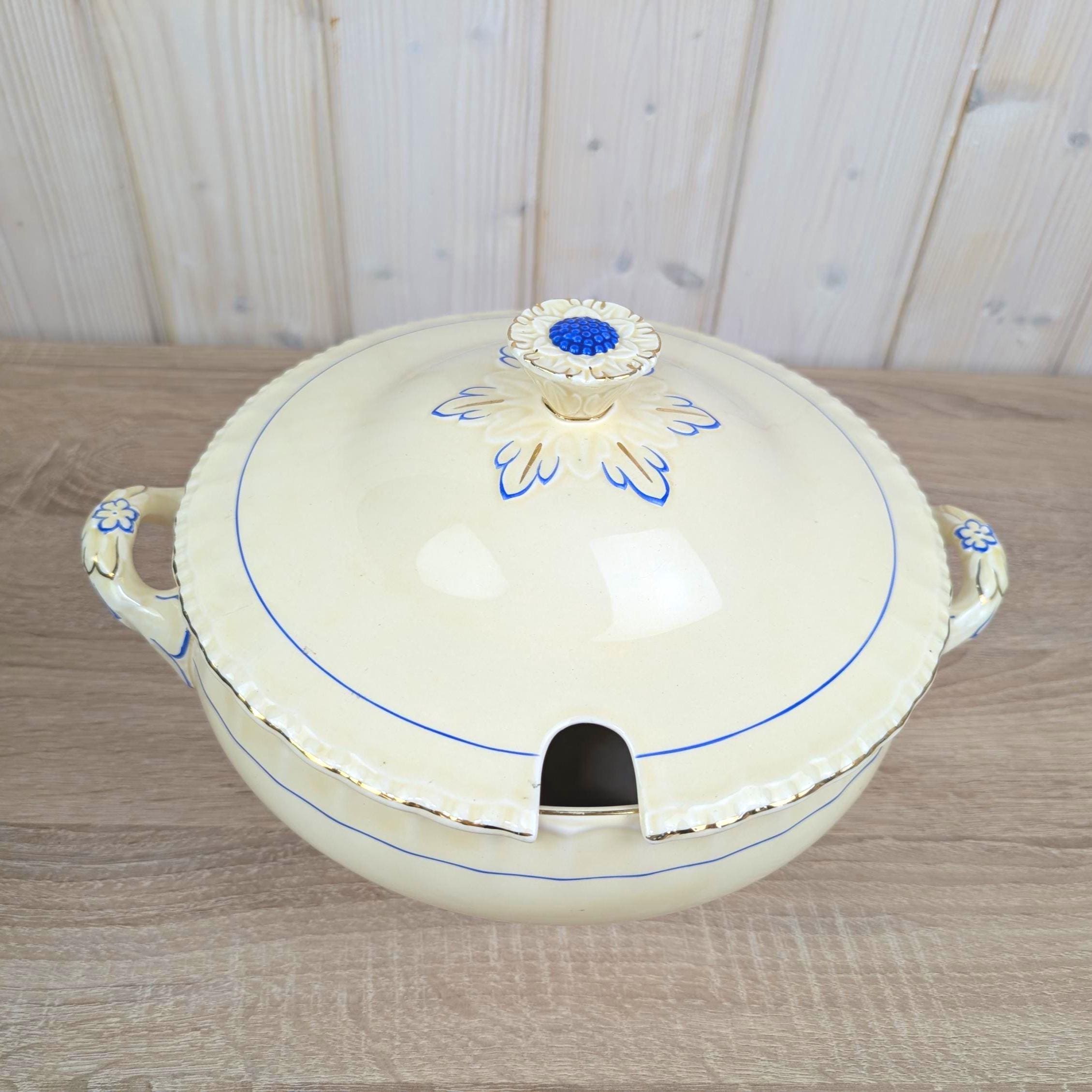 Grindley England Soup Tureen, Cream Earthenware, Blue Floral and Gold Trim, Staffordshire, circa 19361954