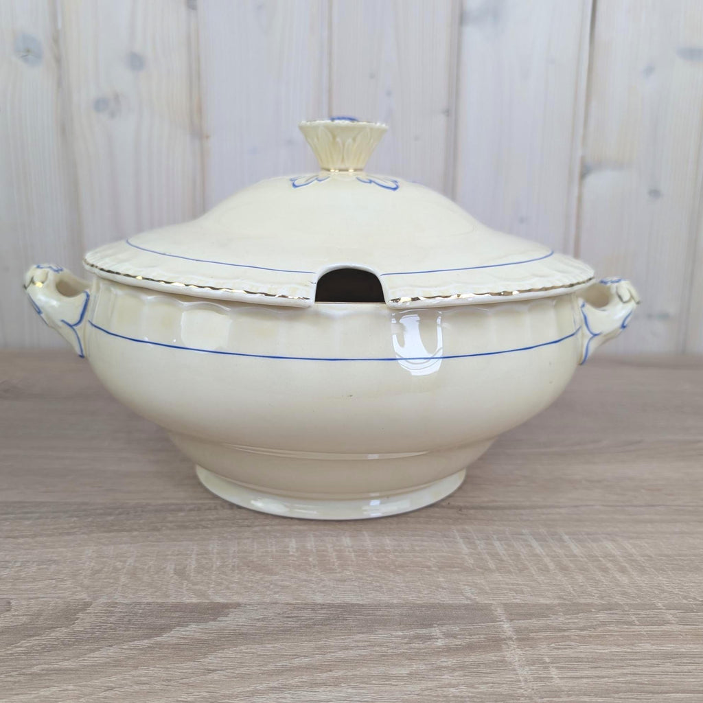 Grindley England Soup Tureen, Cream Earthenware, Blue Floral and Gold Trim, Staffordshire, circa 19361954