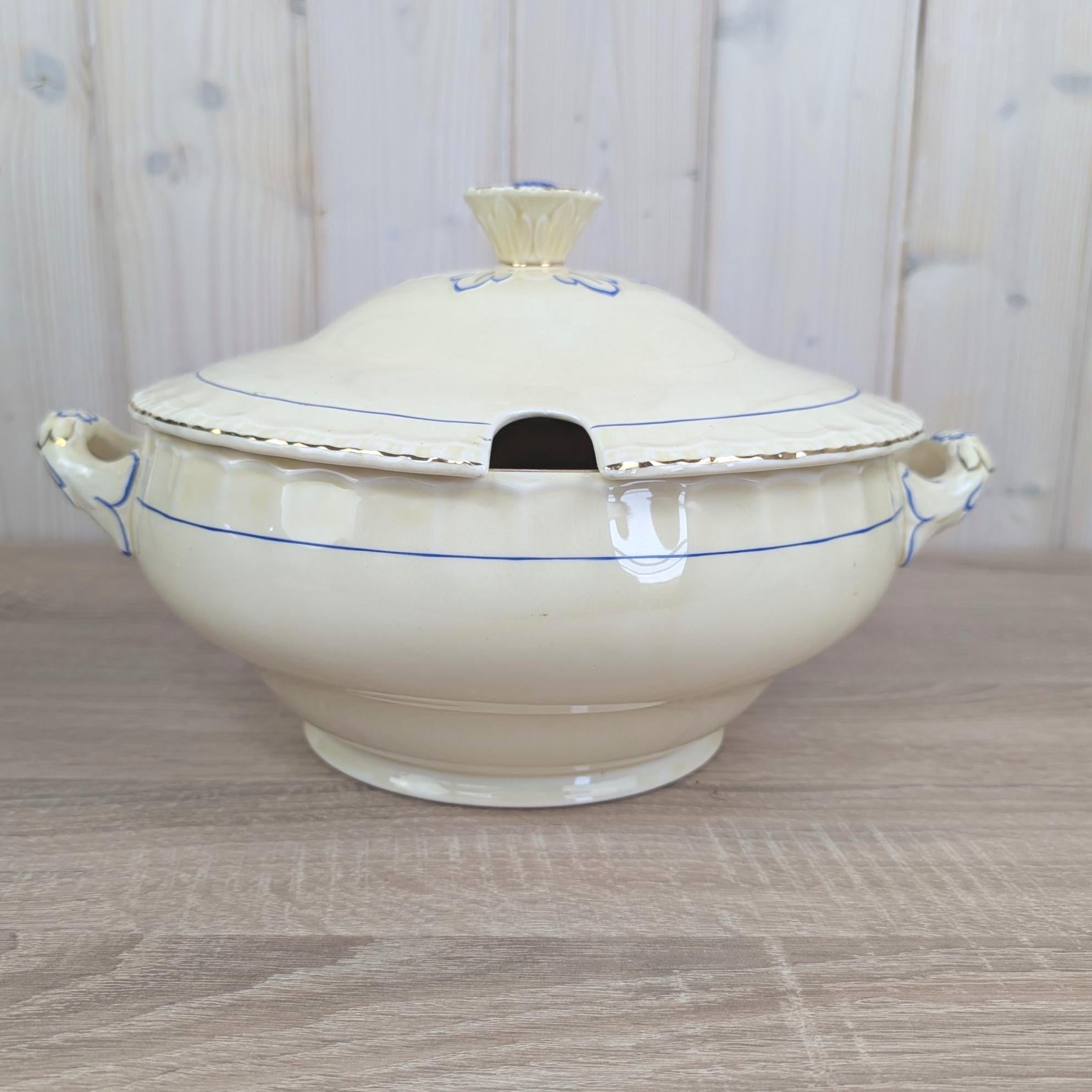 Grindley England Soup Tureen, Cream Earthenware, Blue Floral and Gold Trim, Staffordshire, circa 19361954
