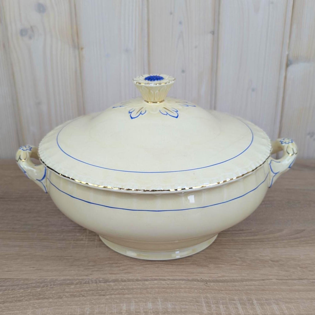 Grindley England Soup Tureen, Cream Earthenware, Blue Floral and Gold Trim, Staffordshire, circa 19361954