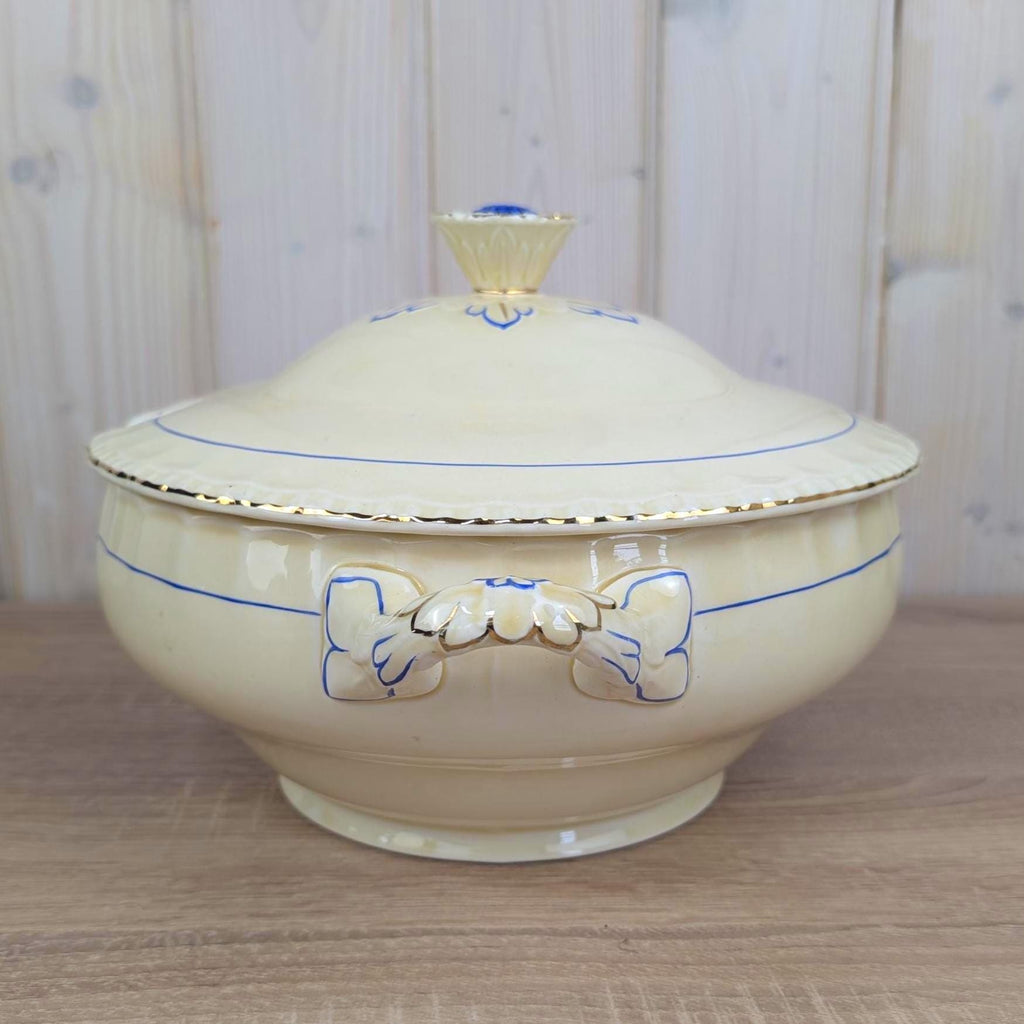 Grindley England Soup Tureen, Cream Earthenware, Blue Floral and Gold Trim, Staffordshire, circa 19361954