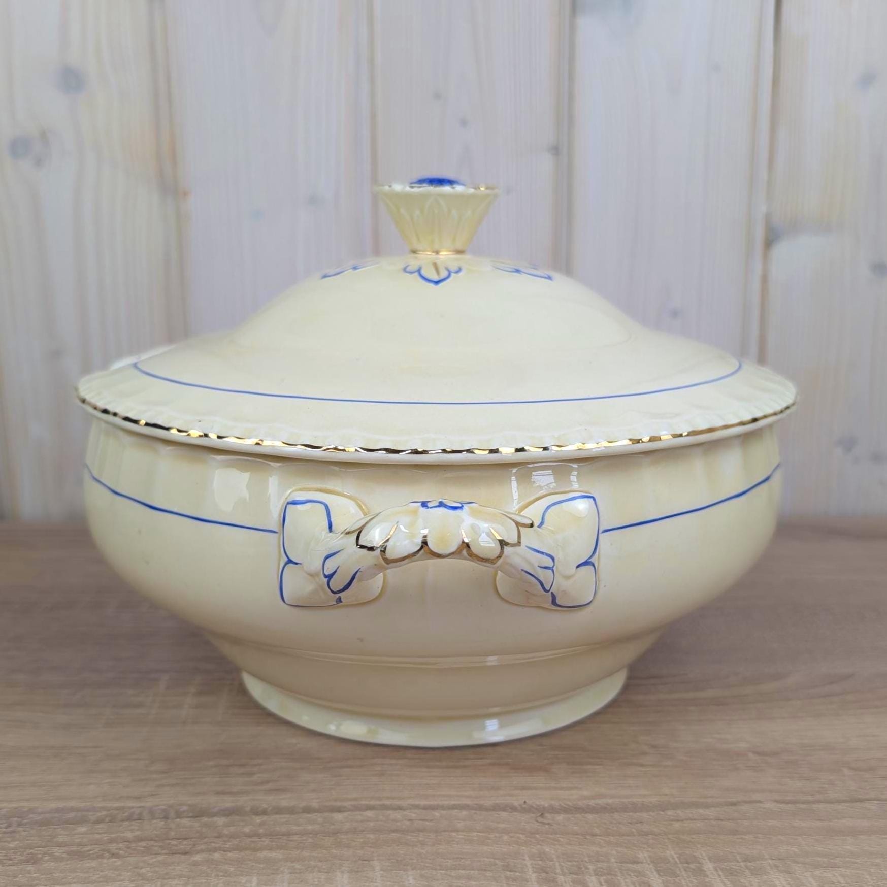 Grindley England Soup Tureen, Cream Earthenware, Blue Floral and Gold Trim, Staffordshire, circa 19361954