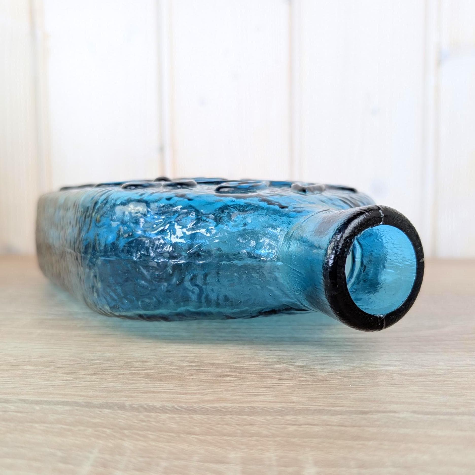 Wayne Husted Stelvia Empoli Glass Bottle, Teal Blue Bird of Peace Decanter, Italian MCM Art Glass, 1960s