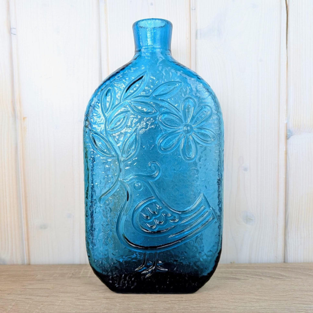 Wayne Husted Stelvia Empoli Glass Bottle, Teal Blue Bird of Peace Decanter, Italian MCM Art Glass, 1960s