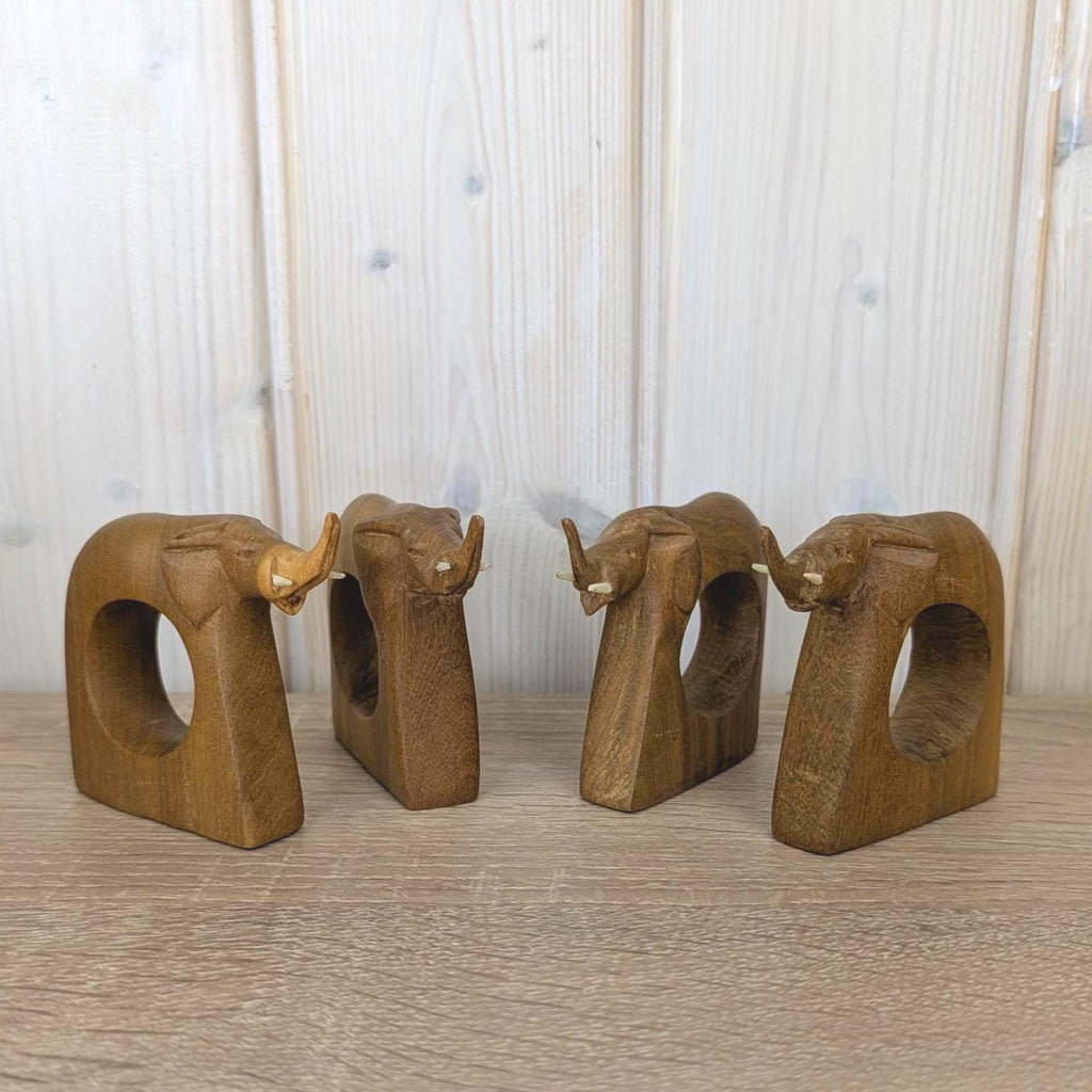 Napkin Rings Set of 4, Elephant Hand Carved Wood, African Folk Art, Boho Table Decor, 1970s