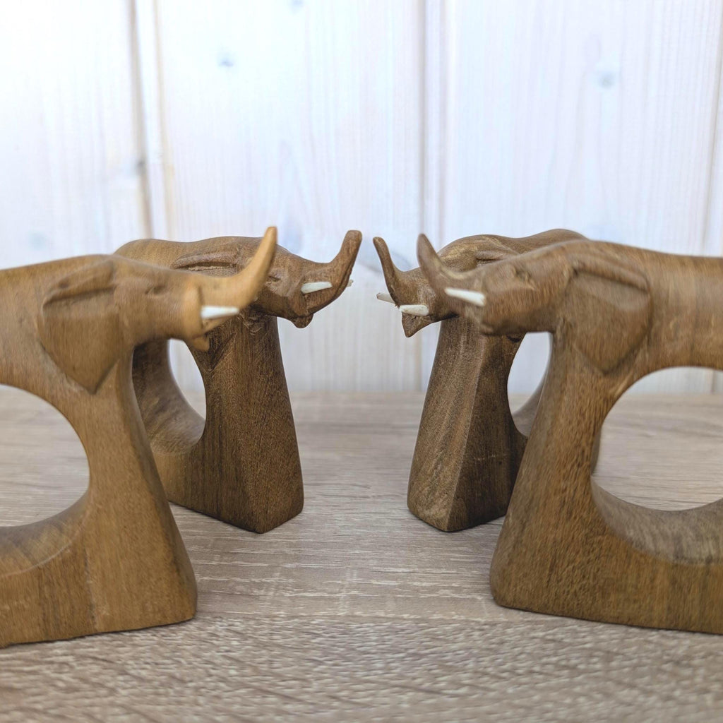 Napkin Rings Set of 4, Elephant Hand Carved Wood, African Folk Art, Boho Table Decor, 1970s