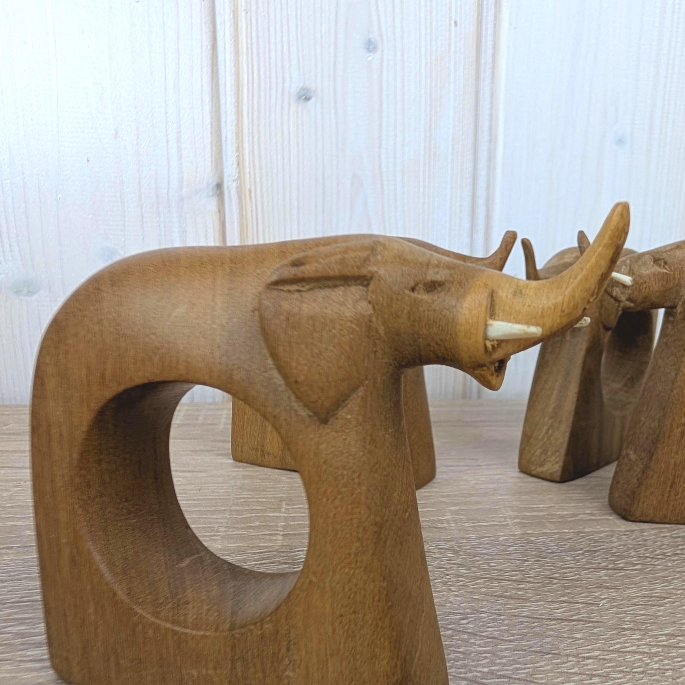 Napkin Rings Set of 4, Elephant Hand Carved Wood, African Folk Art, Boho Table Decor, 1970s