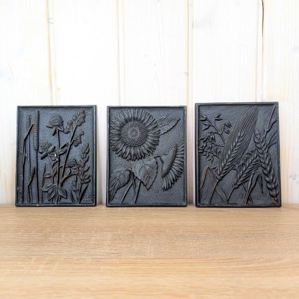 Cast Iron Wall Plaques Set of 3, Botanical Relief, Signed Klaas 1977, Sunflower Wheat Wildflower, Rustic Wall Decor
