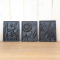 Cast Iron Wall Plaques Set of 3, Botanical Relief, Signed Klaas 1977, Sunflower Wheat Wildflower, Rustic Wall Decor