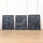 Cast Iron Wall Plaques Set of 3, Botanical Relief, Signed Klaas 1977, Sunflower Wheat Wildflower, Rustic Wall Decor