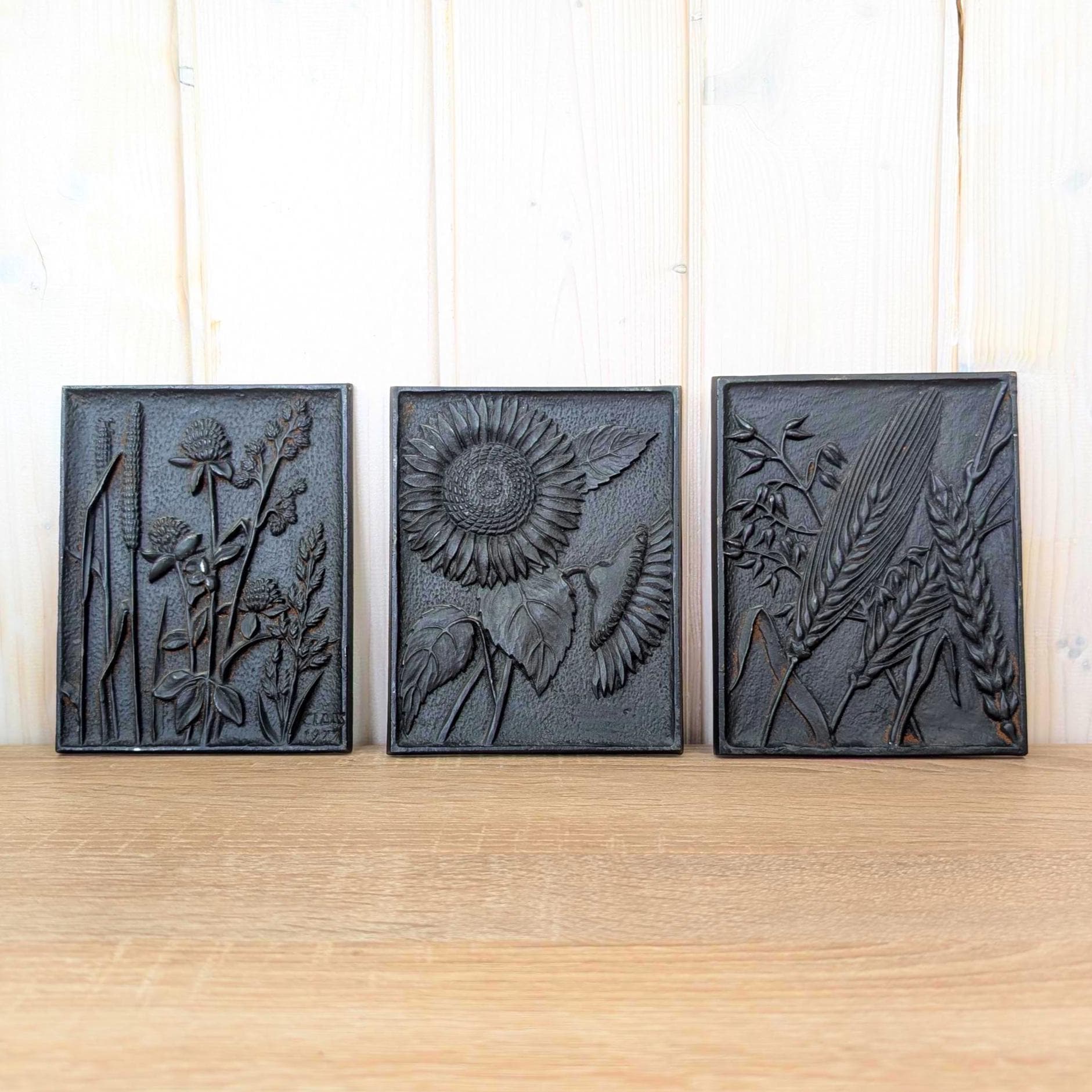 Cast Iron Wall Plaques Set of 3, Botanical Relief, Signed Klaas 1977, Sunflower Wheat Wildflower, Rustic Wall Decor