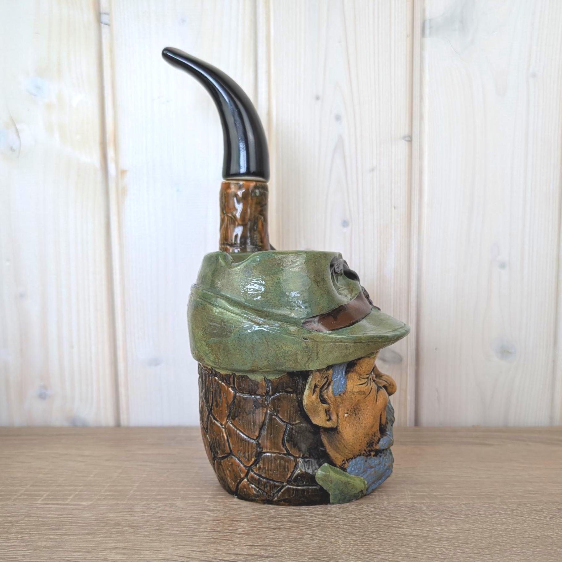 Ceramic Pipe Schnapps Bottle, Tyrolean Hunter Face, Ashtray Top, Folk Art Decanter, German Alpine, 1960s