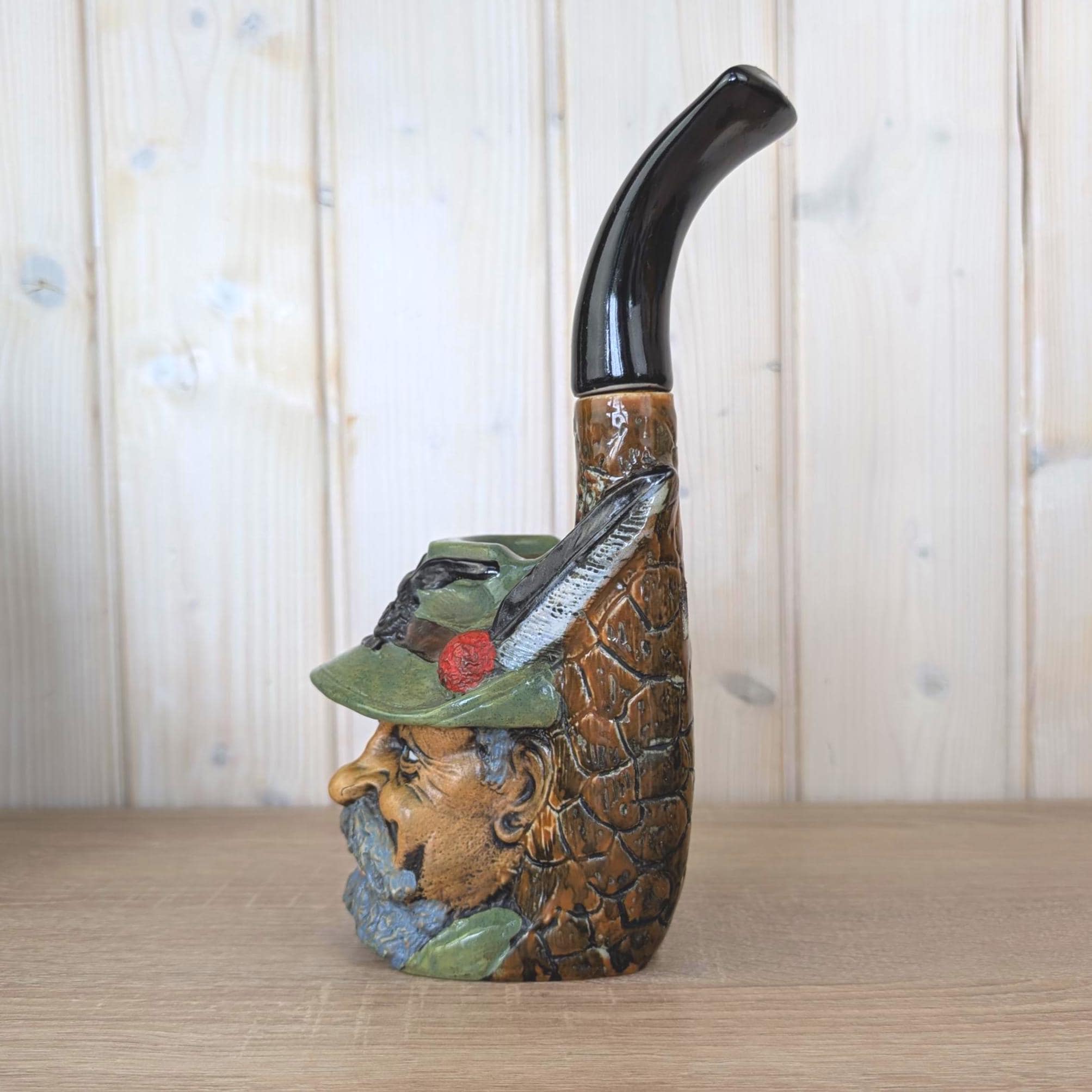 Ceramic Pipe Schnapps Bottle, Tyrolean Hunter Face, Ashtray Top, Folk Art Decanter, German Alpine, 1960s
