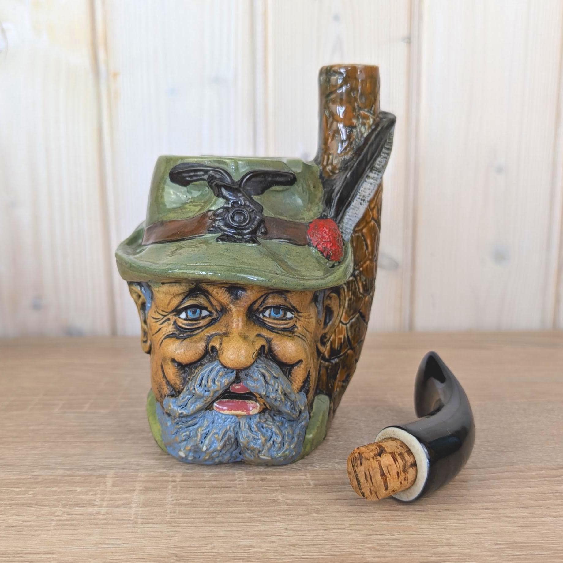 Ceramic Pipe Schnapps Bottle, Tyrolean Hunter Face, Ashtray Top, Folk Art Decanter, German Alpine, 1960s