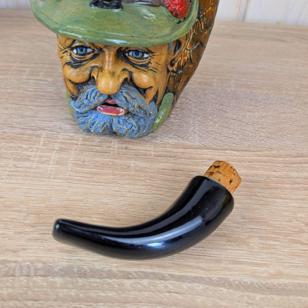 Ceramic Pipe Schnapps Bottle, Tyrolean Hunter Face, Ashtray Top, Folk Art Decanter, German Alpine, 1960s