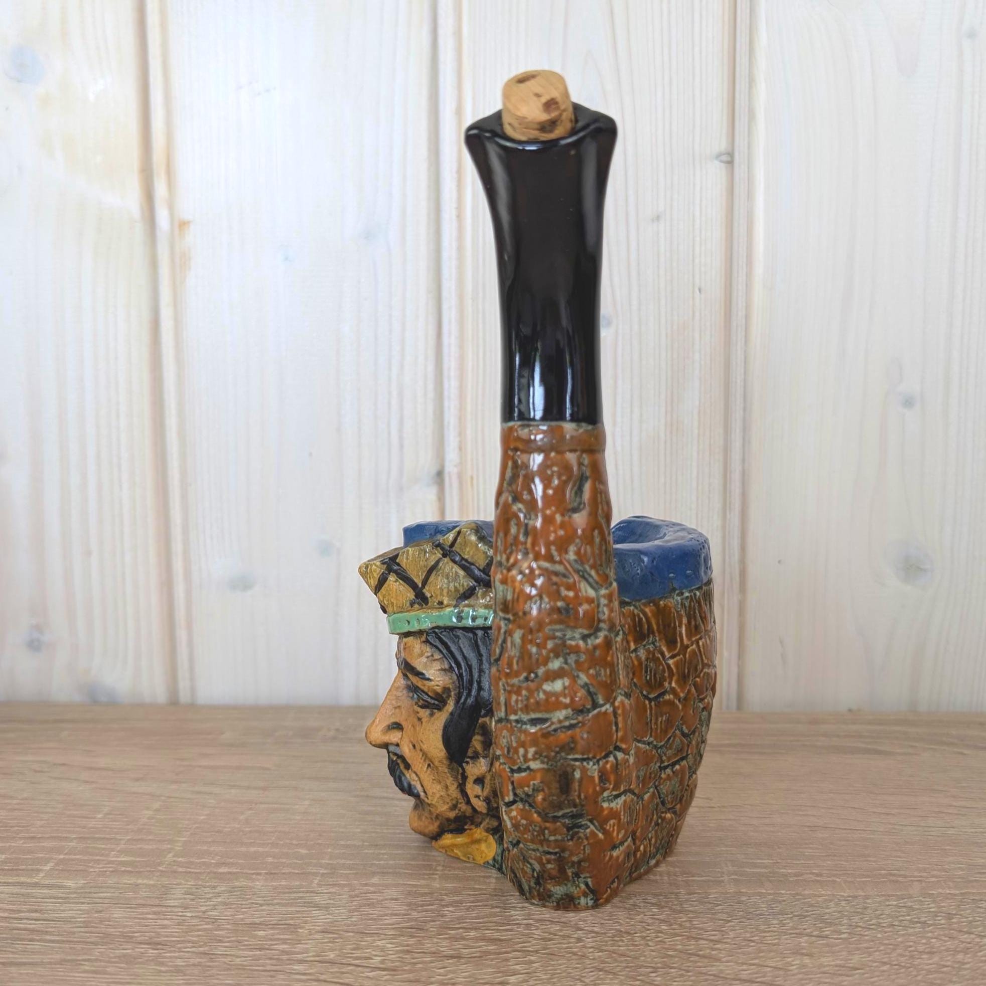Ceramic Pipe Schnapps Bottle, Austrian Folk Art, Ashtray Top, Mustachioed Man Face, Alpine Decanter, 1960s