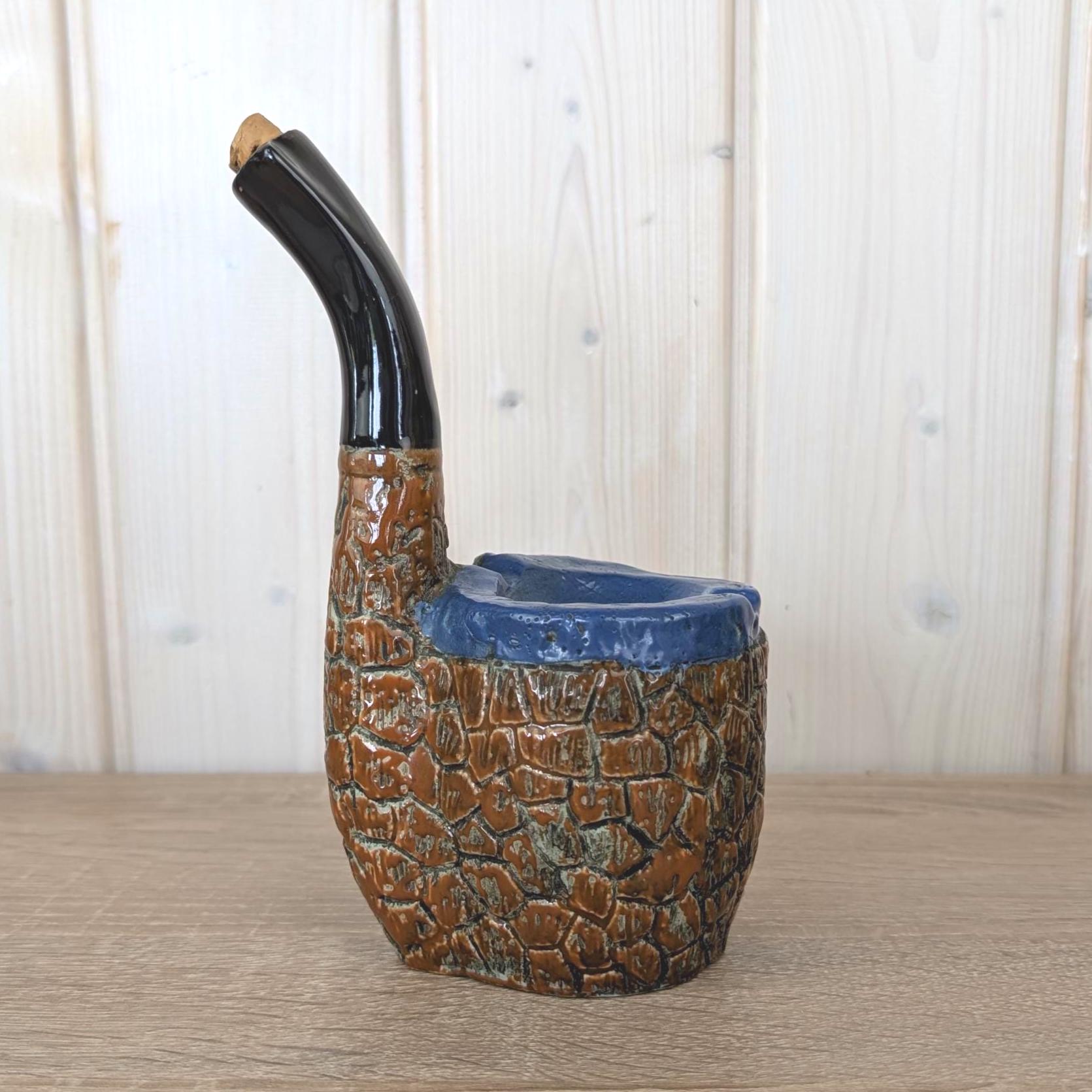 Ceramic Pipe Schnapps Bottle, Austrian Folk Art, Ashtray Top, Mustachioed Man Face, Alpine Decanter, 1960s