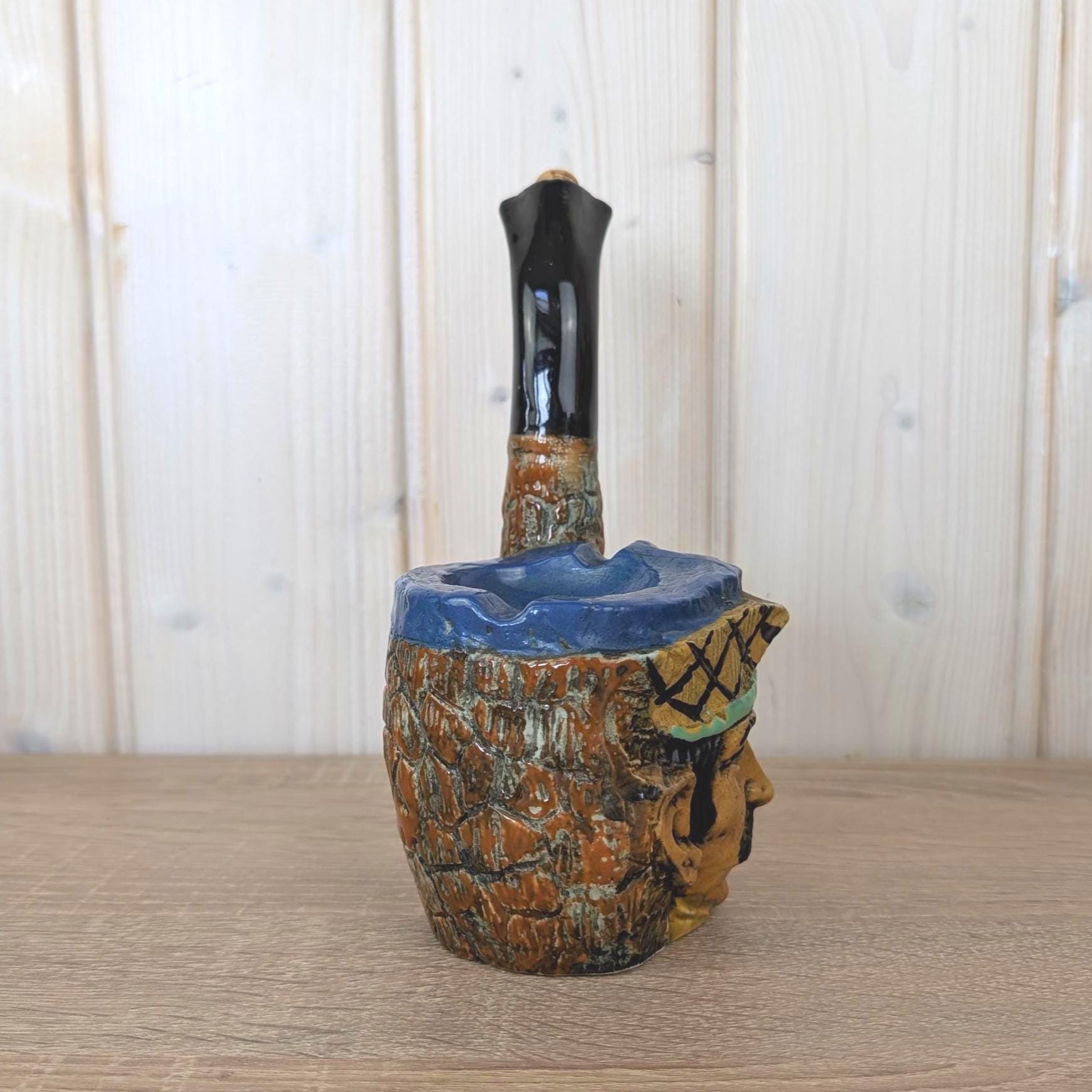 Ceramic Pipe Schnapps Bottle, Austrian Folk Art, Ashtray Top, Mustachioed Man Face, Alpine Decanter, 1960s