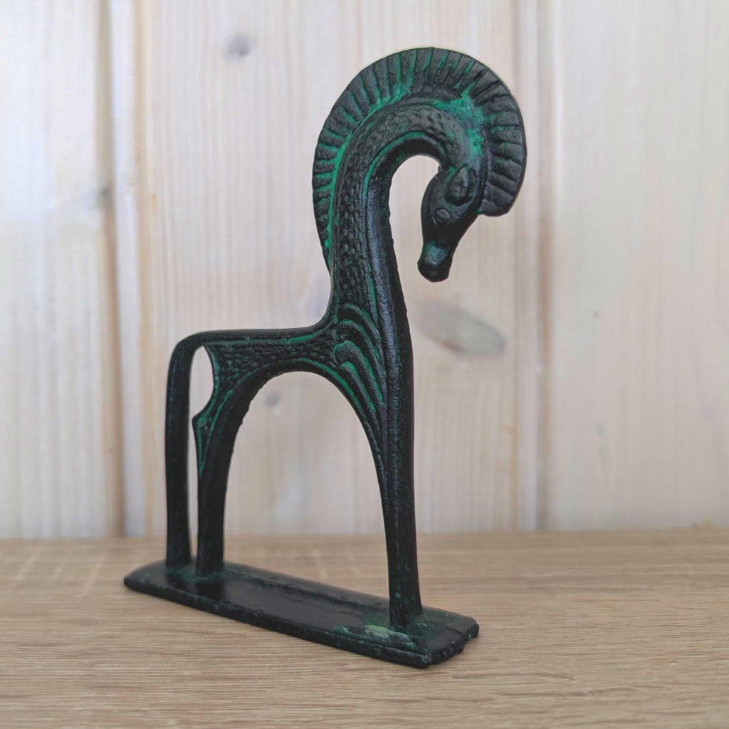 Greek Archaic Horse Sculpture, Cast Metal Verdigris Patina, Antiquity Replica, Mid Century Modern Figurine, 1960s