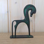Greek Archaic Horse Sculpture, Cast Metal Verdigris Patina, Antiquity Replica, Mid Century Modern Figurine, 1960s