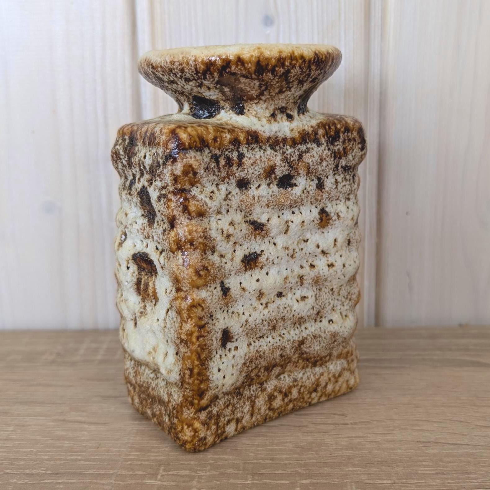 Vest Keramiek Fat Lava Vase, Van Woerden Gouda Netherlands, Rectangular Dutch Pottery, 1970s