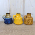 Set of 3 Scheurich 410-7 Mini Jug Vases, West Germany 1970s, Blue Yellow Brown, MCM Pottery