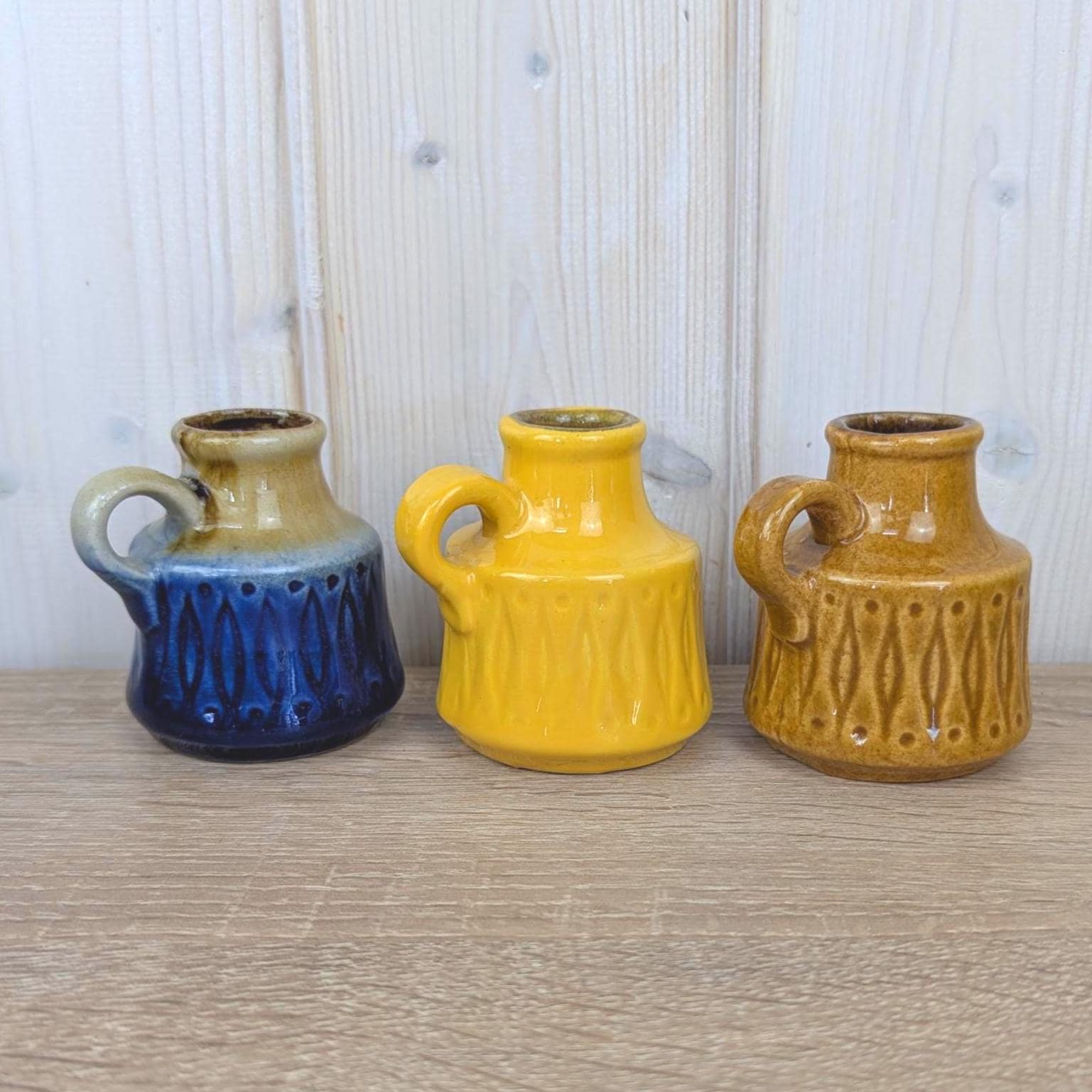 Set of 3 Scheurich 410-7 Mini Jug Vases, West Germany 1970s, Blue Yellow Brown, MCM Pottery