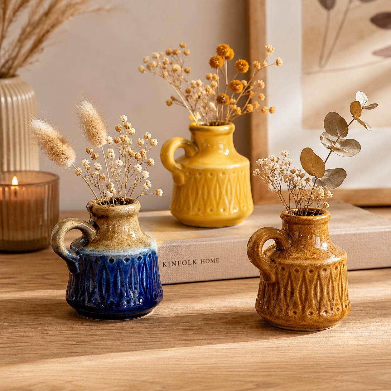 Set of 3 Scheurich 410-7 Mini Jug Vases, West Germany 1970s, Blue Yellow Brown, MCM Pottery