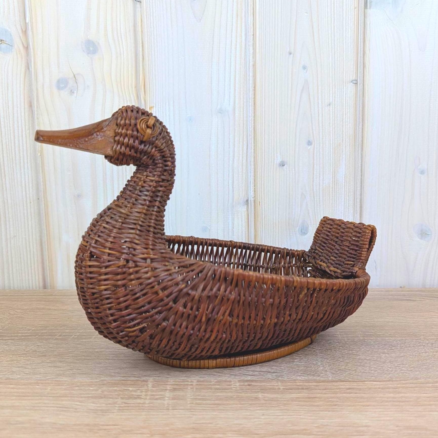 Wicker Duck Basket, Rattan with Wooden Beak, 1970s Folk Art, Fruit Bread Display Basket