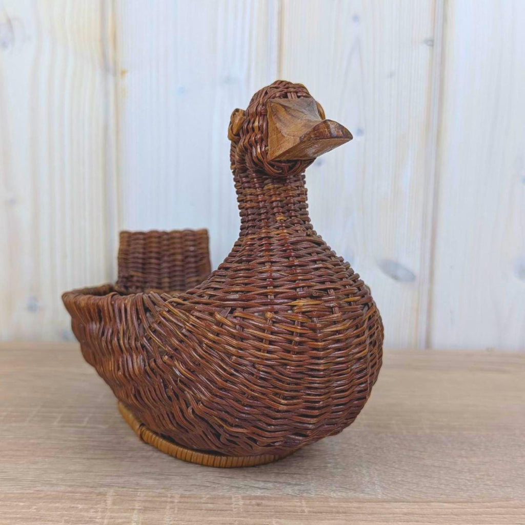 Wicker Duck Basket, Rattan with Wooden Beak, 1970s Folk Art, Fruit Bread Display Basket