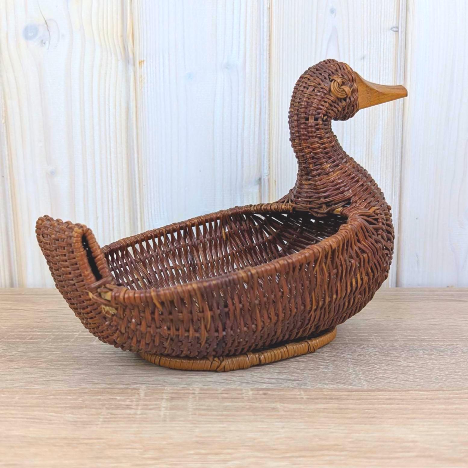 Wicker Duck Basket, Rattan with Wooden Beak, 1970s Folk Art, Fruit Bread Display Basket