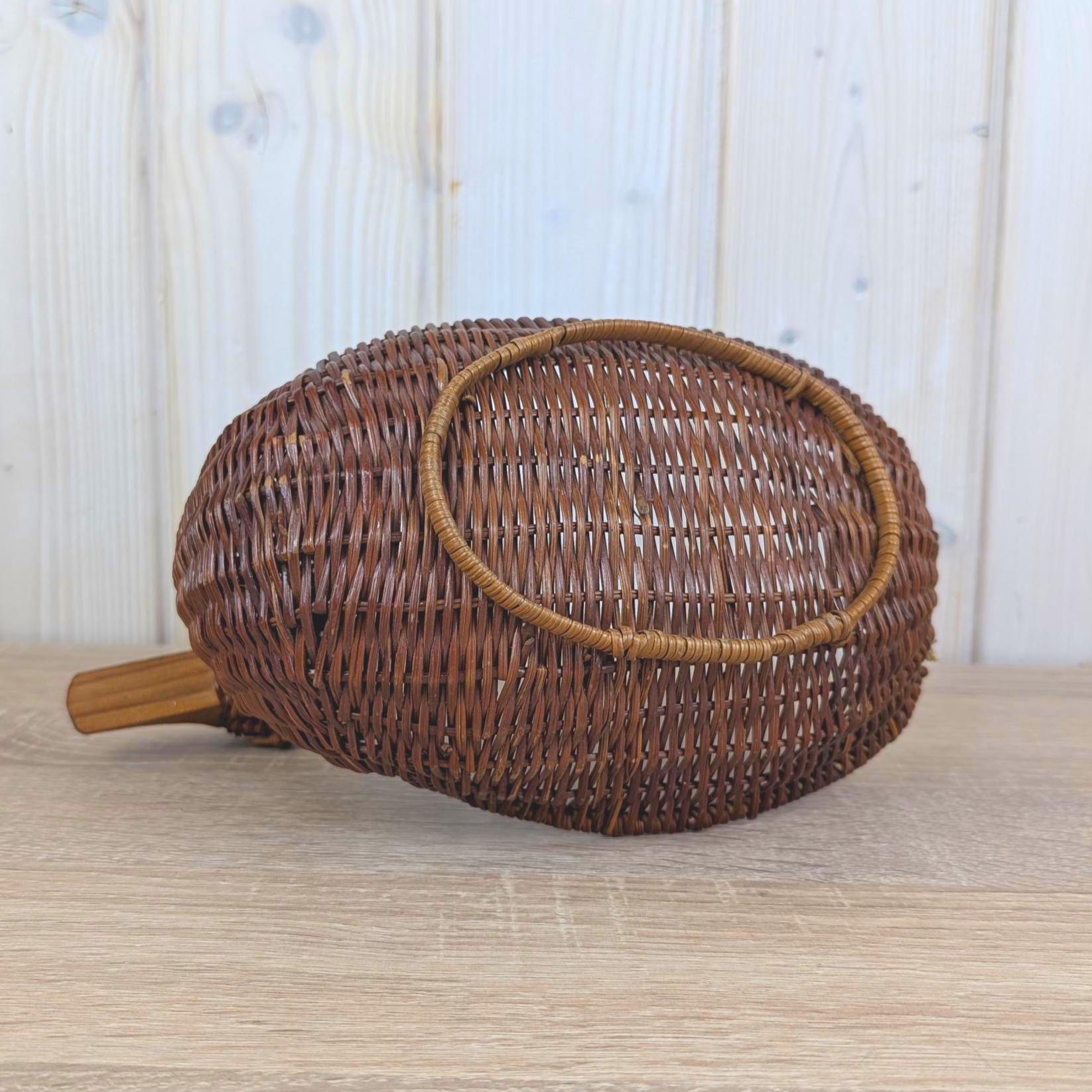 Wicker Duck Basket, Rattan with Wooden Beak, 1970s Folk Art, Fruit Bread Display Basket