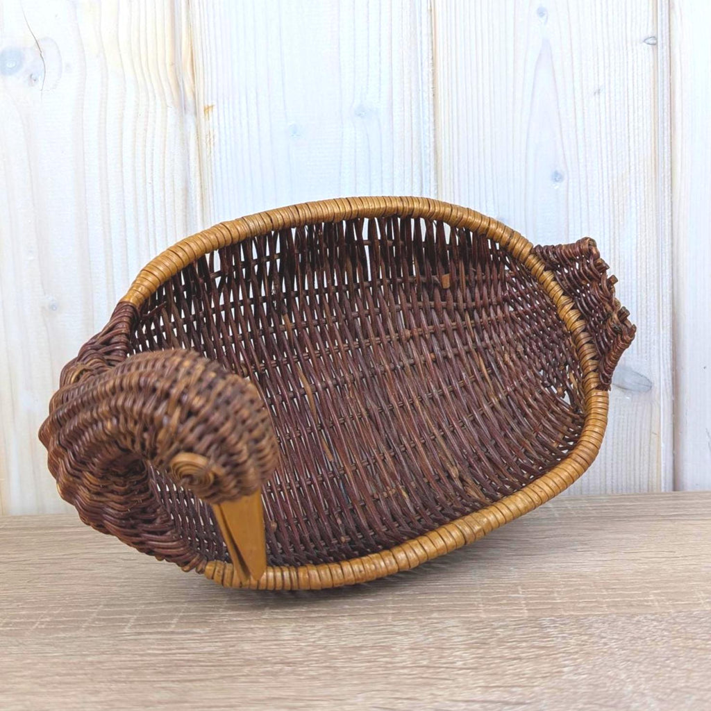 Wicker Duck Basket, Rattan with Wooden Beak, 1970s Folk Art, Fruit Bread Display Basket