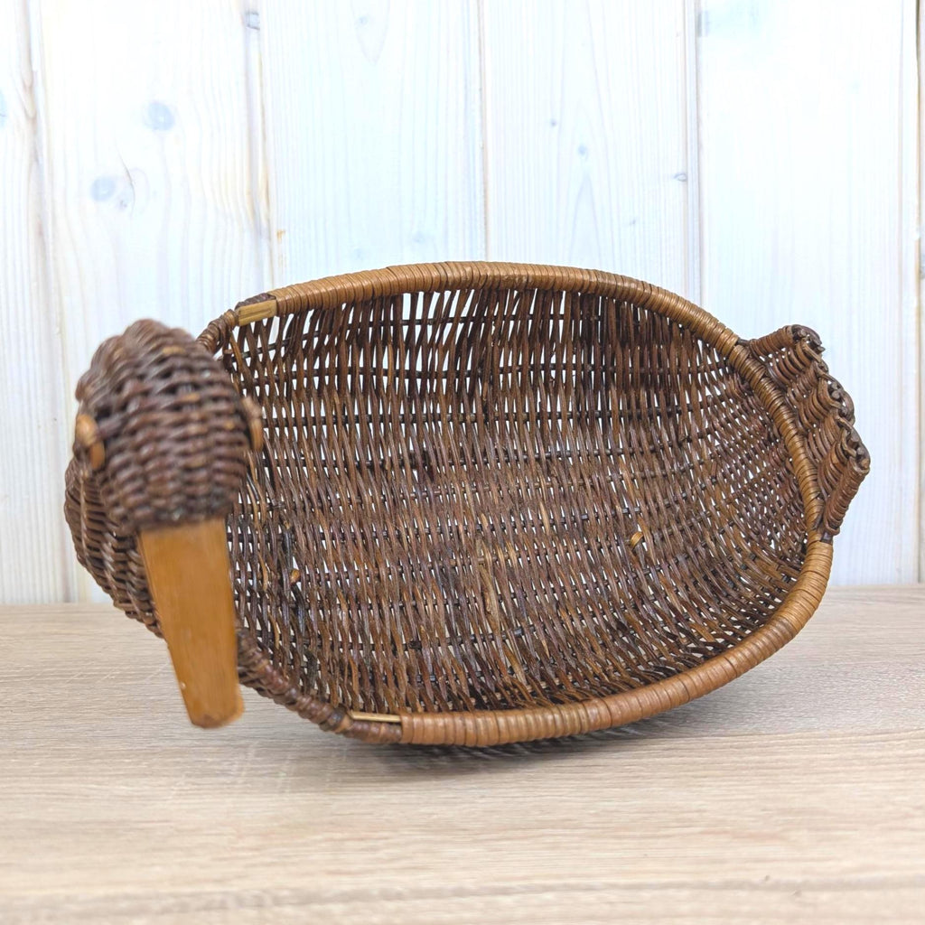 Wicker Duck Basket, Large Rattan with Wooden Beak, 1970s Folk Art, Fruit Bread Display Basket