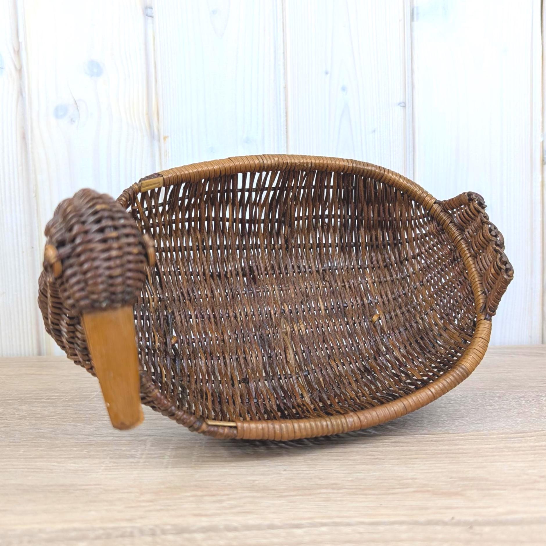 Wicker Duck Basket, Large Rattan with Wooden Beak, 1970s Folk Art, Fruit Bread Display Basket