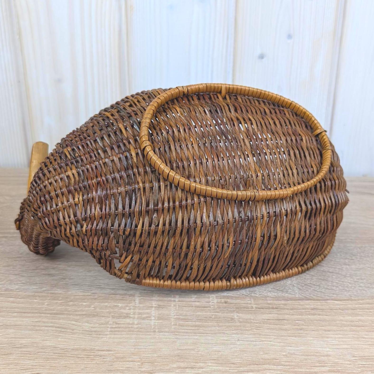Wicker Duck Basket, Large Rattan with Wooden Beak, 1970s Folk Art, Fruit Bread Display Basket