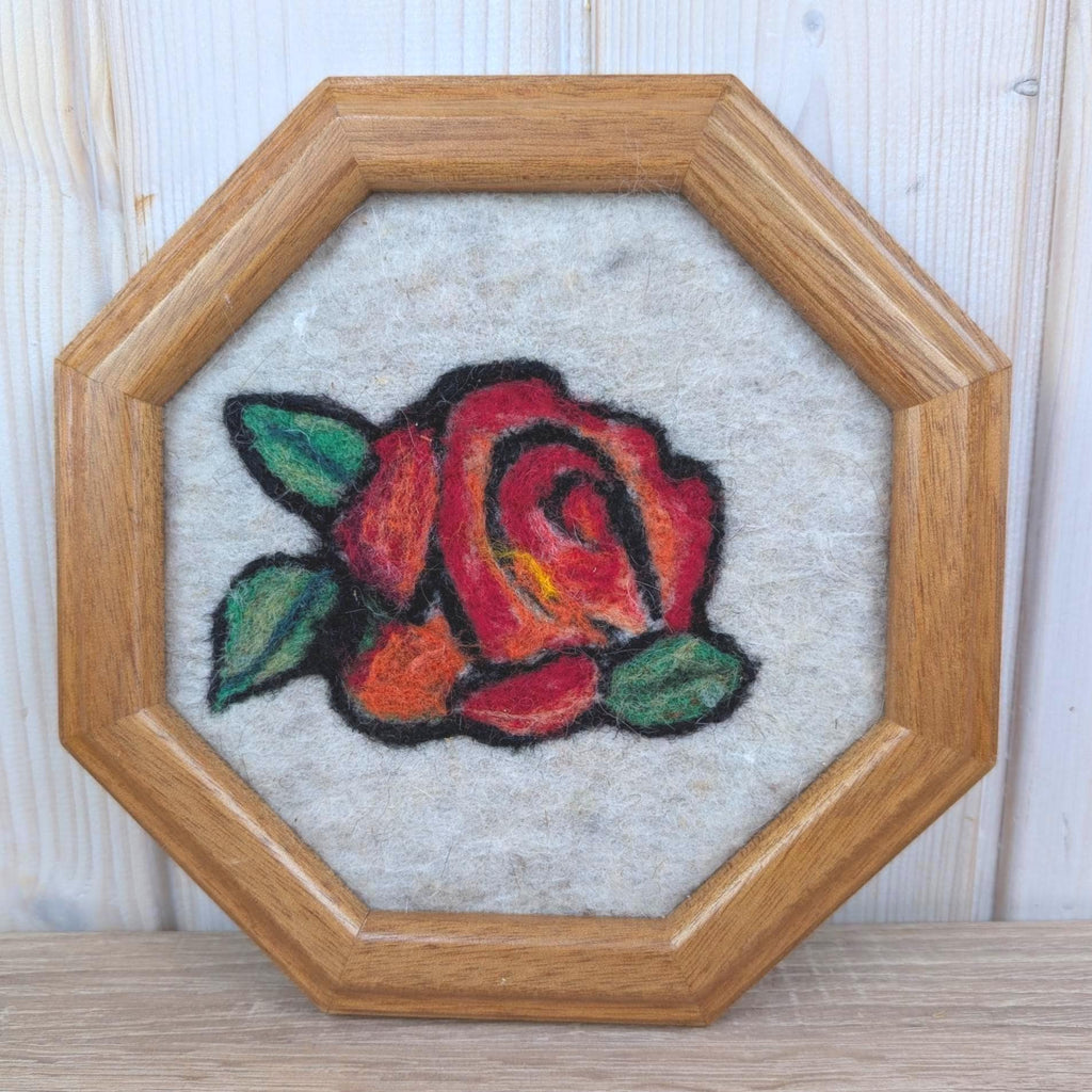 Needle Felted Rose Picture, Octagonal Wood Frame, Wool Folk Art, Framed Wall Hanging, 1970