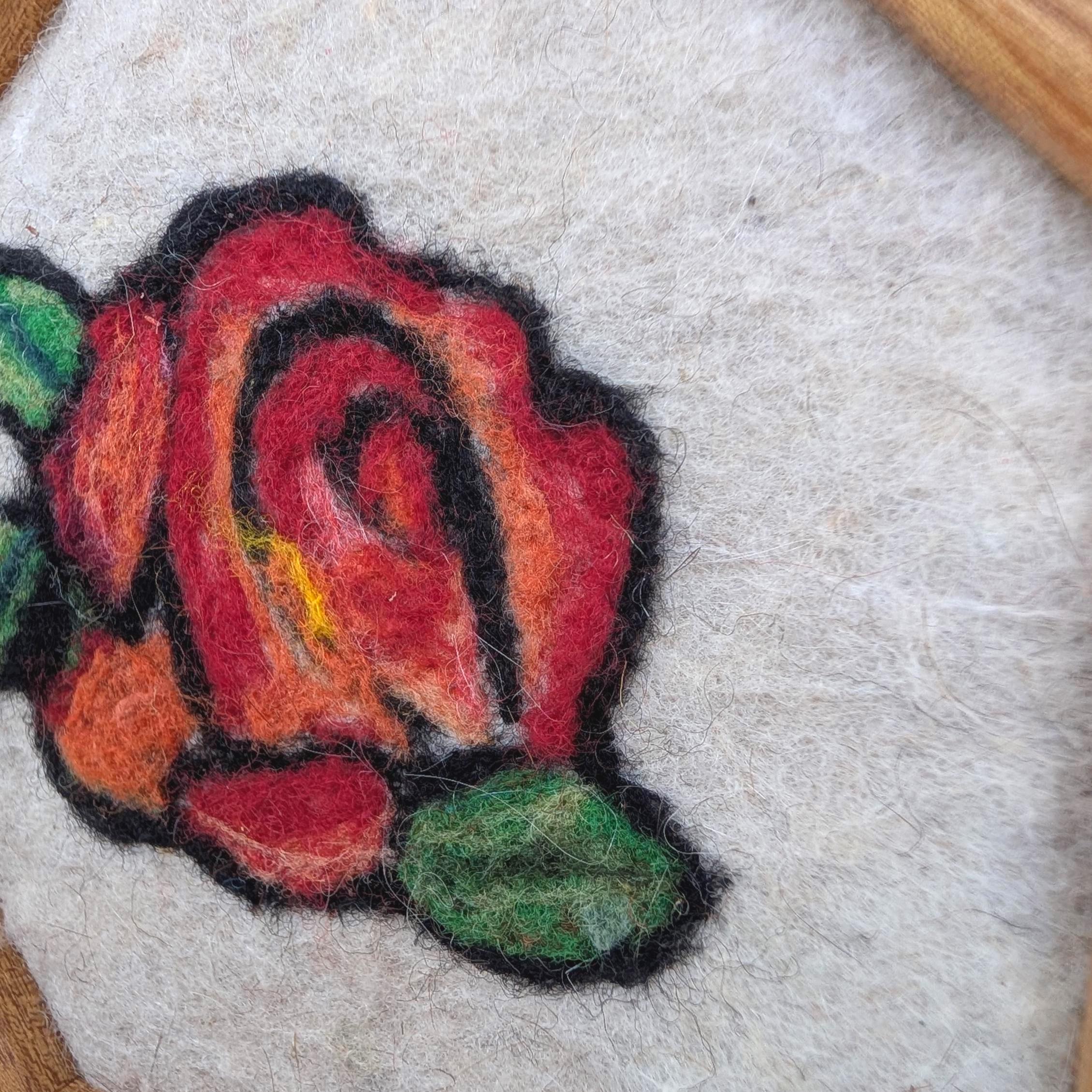 Needle Felted Rose Picture, Octagonal Wood Frame, Wool Folk Art, Framed Wall Hanging, 1970
