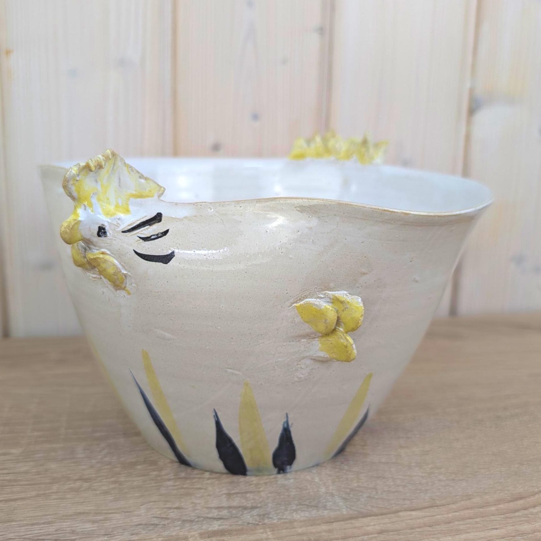 Studio Pottery Hen Bowl, Signed Handmade Ceramic Chicken, Yellow Navy Folk Art, Vintage 1970s
