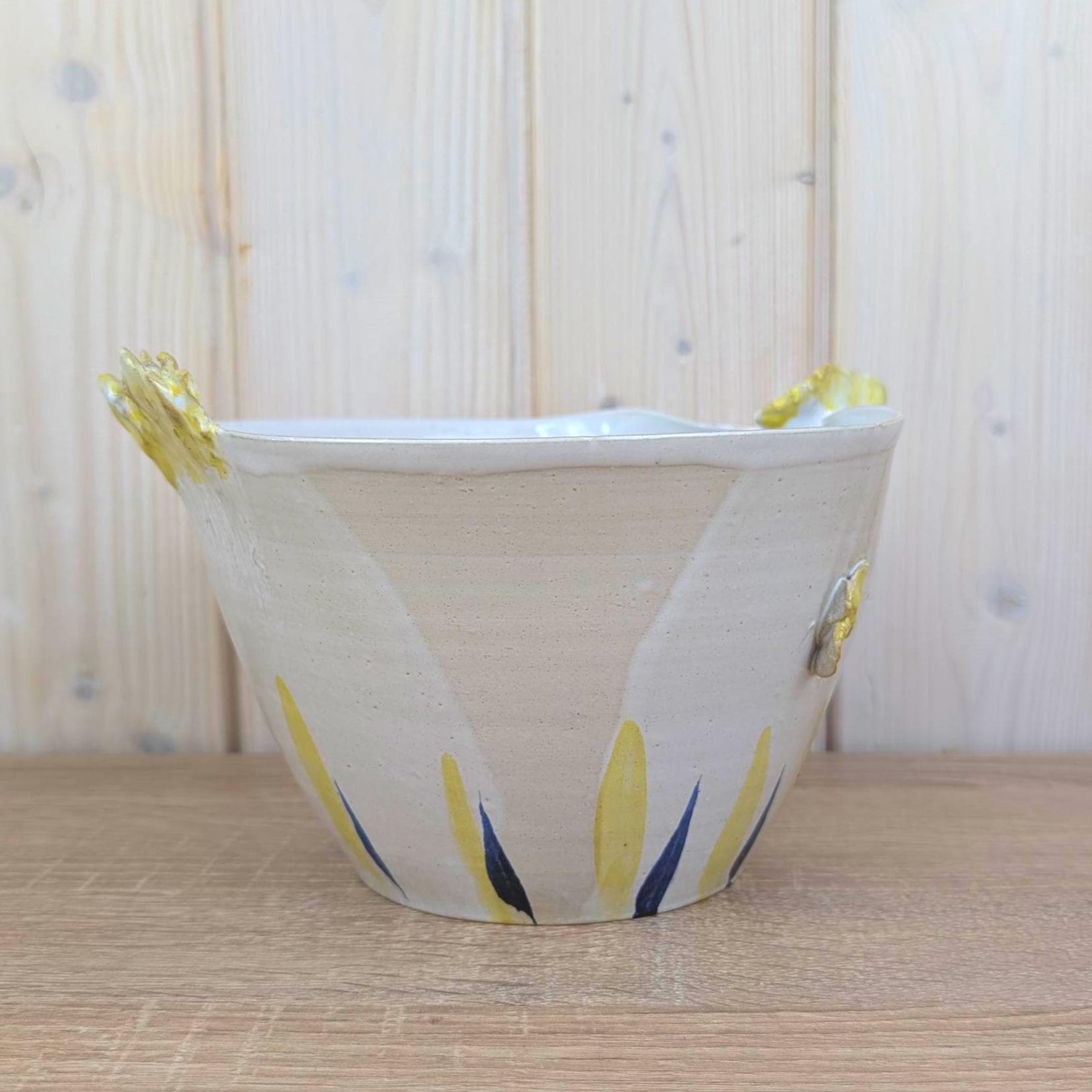 Studio Pottery Hen Bowl, Signed Handmade Ceramic Chicken, Yellow Navy Folk Art, Vintage 1970s