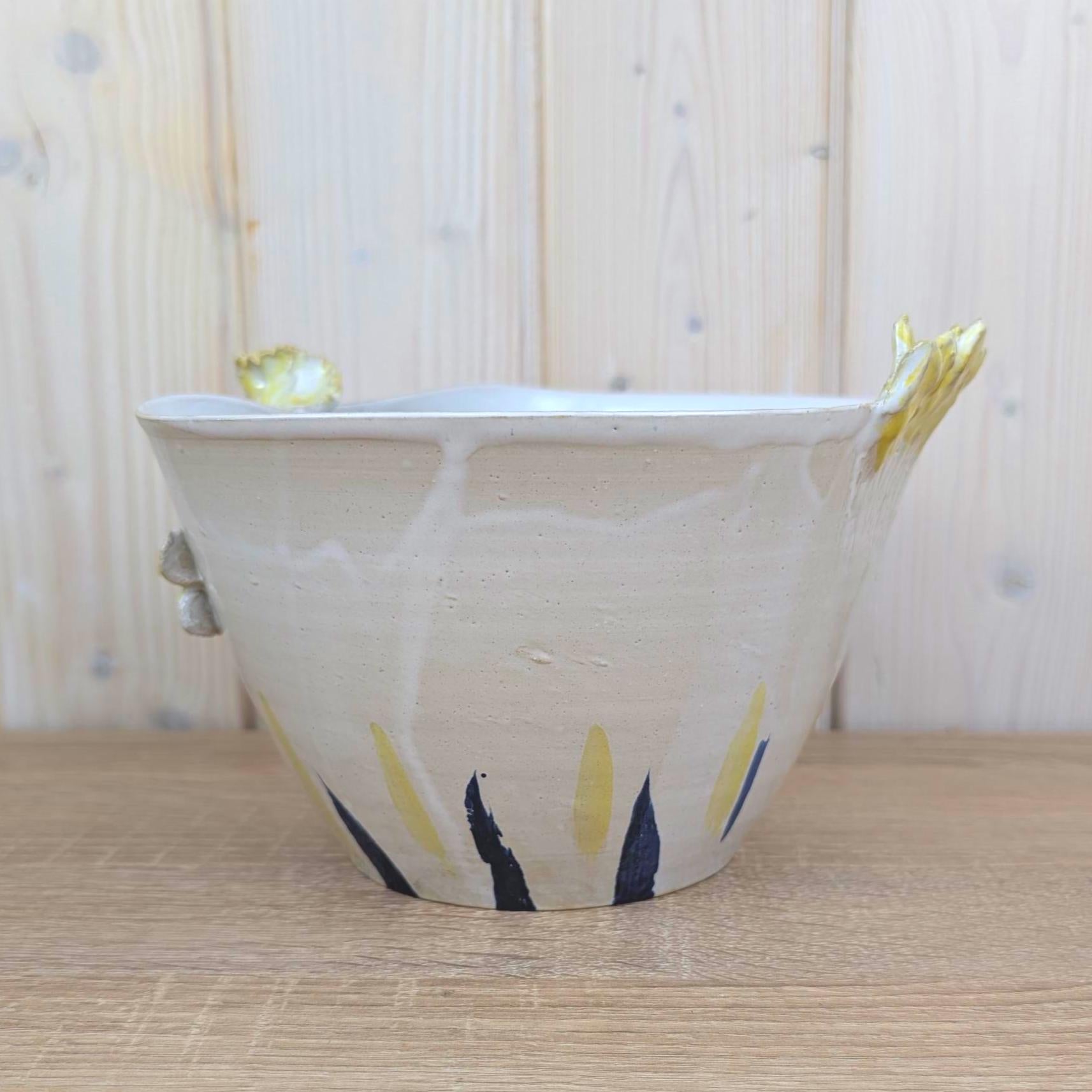 Studio Pottery Hen Bowl, Signed Handmade Ceramic Chicken, Yellow Navy Folk Art, Vintage 1970s