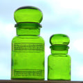 Belgian Green Glass Apothecary Jar Set of 2, Bubble Stopper, 1970s, Made in Belgium, MCM Kitchen