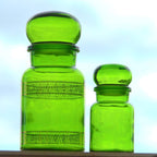 Belgian Green Glass Apothecary Jar Set of 2, Bubble Stopper, 1970s, Made in Belgium, MCM Kitchen