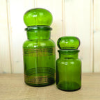 Belgian Green Glass Apothecary Jar Set of 2, Bubble Stopper, 1970s, Made in Belgium, MCM Kitchen