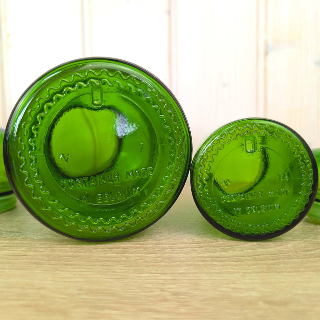 Belgian Green Glass Apothecary Jar Set of 2, Bubble Stopper, 1970s, Made in Belgium, MCM Kitchen