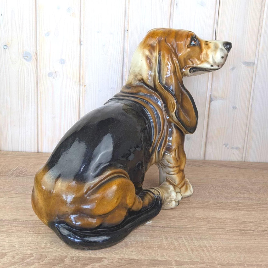 Large Vintage Ceramic Basset Hound Figurine, Italian Style, Hand-Painted Gloss Glaze, Mid-Century Dog Statue, 1960s 1970s