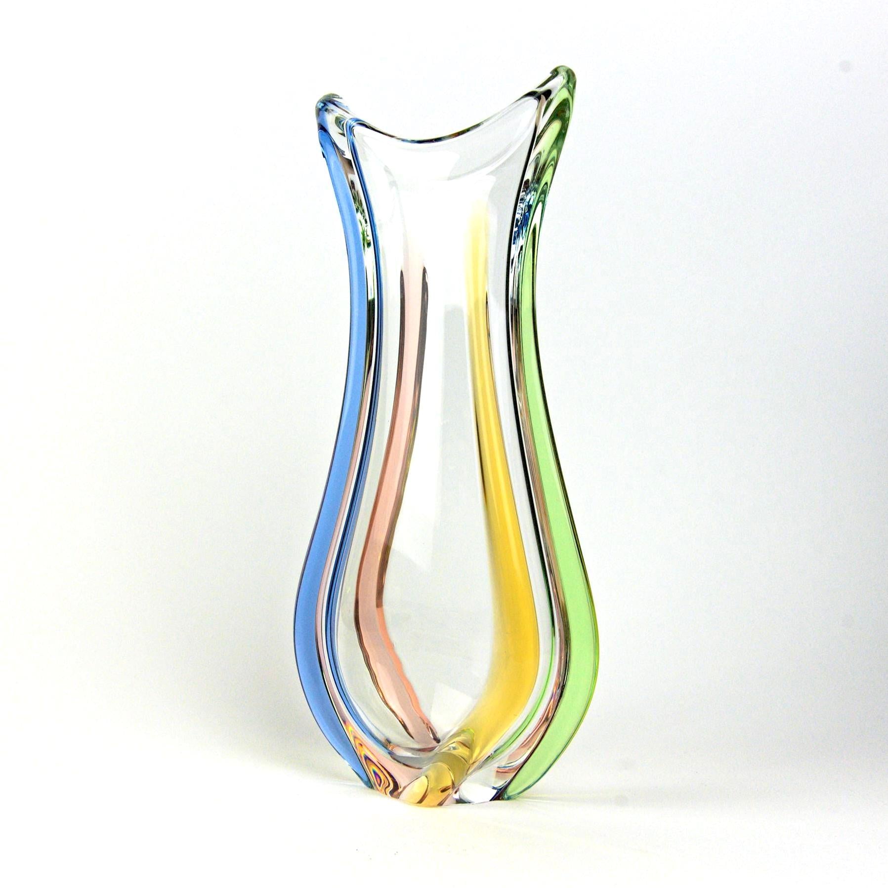 Fr Zemek Art Glass Vase Czech, Mid Century Modern Glass, Sommerso Style Blue Green Amber Tall Vase